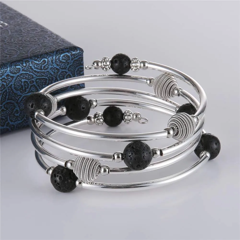 PEARL&CLUB Beaded Chakra Bangle Turquoise Bracelet - Fashion Jewelry Wrap Bracelet with Thick Silver Metal and Mala Beads, Birthday Gifts For Women