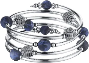 PEARL&CLUB Beaded Chakra Bangle Turquoise Bracelet - Fashion Jewelry Wrap Bracelet with Thick Silver Metal and Mala Beads, Birthday Gifts For Women