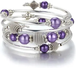 PEARL&CLUB Beaded Chakra Bangle Turquoise Bracelet - Fashion Jewelry Wrap Bracelet with Thick Silver Metal and Mala Beads, Birthday Gifts For Women