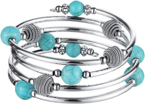 PEARL&CLUB Beaded Chakra Bangle Turquoise Bracelet - Fashion Jewelry Wrap Bracelet with Thick Silver Metal and Mala Beads, Birthday Gifts For Women