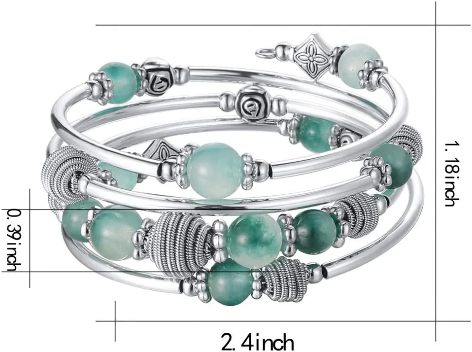 PEARL&CLUB Beaded Chakra Bangle Turquoise Bracelet - Fashion Jewelry Wrap Bracelet with Thick Silver Metal and Mala Beads, Birthday Gifts For Women