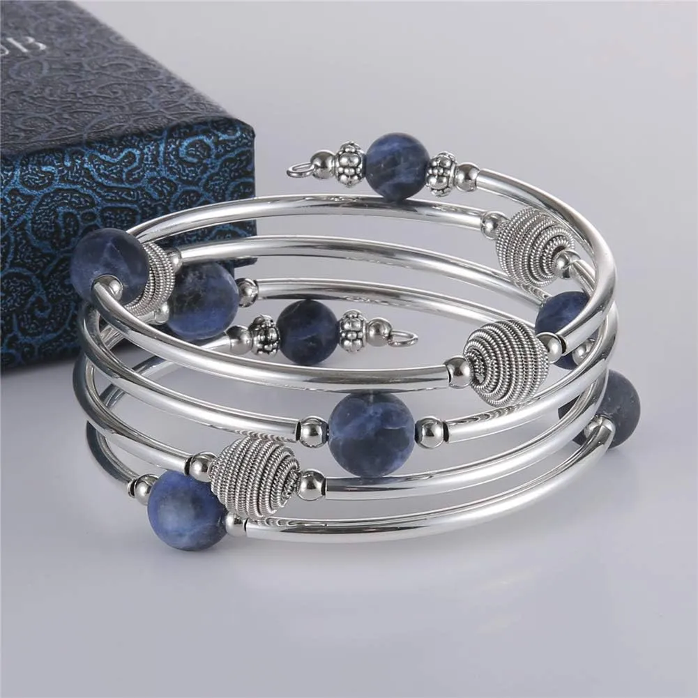 PEARL&CLUB Beaded Chakra Bangle Turquoise Bracelet - Fashion Jewelry Wrap Bracelet with Thick Silver Metal and Mala Beads, Birthday Gifts For Women
