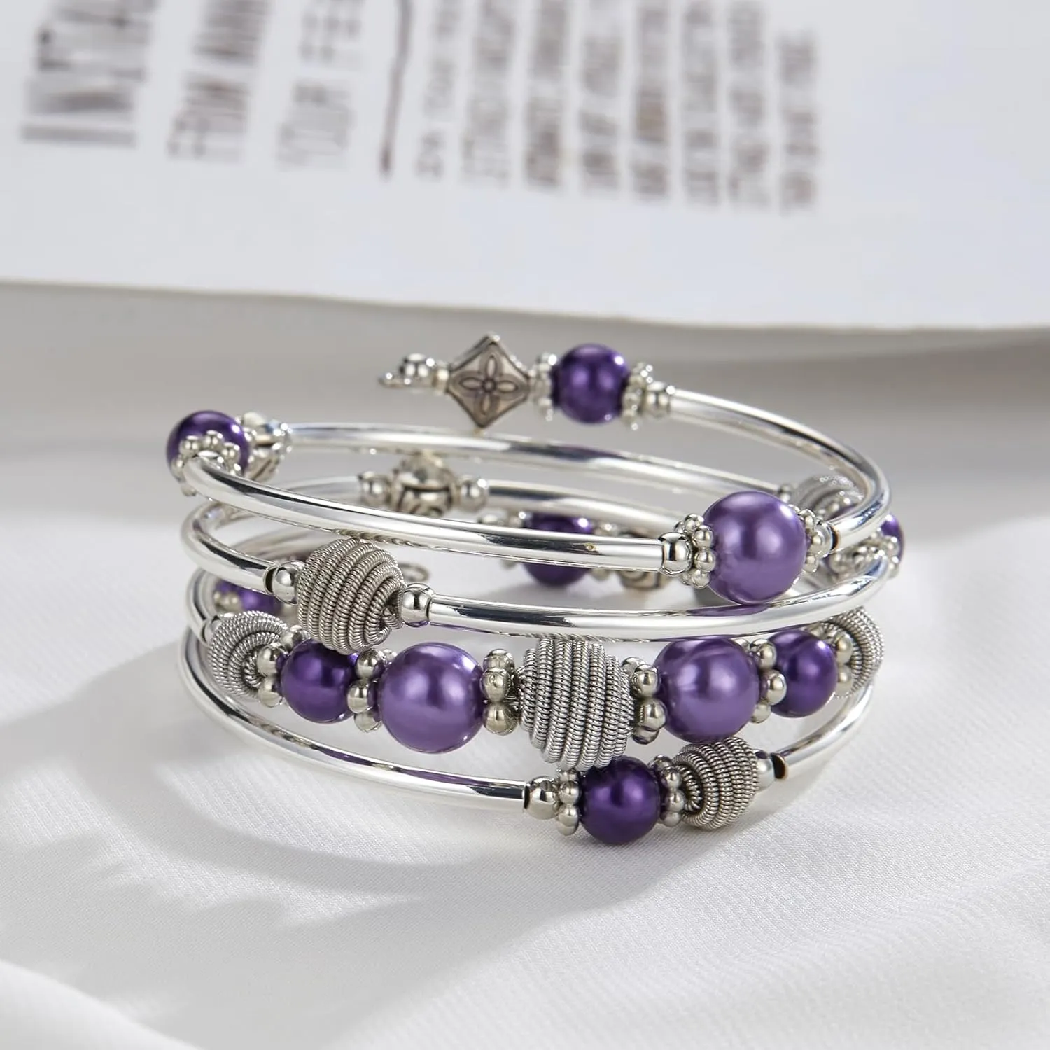 PEARL&CLUB Beaded Chakra Bangle Turquoise Bracelet - Fashion Jewelry Wrap Bracelet with Thick Silver Metal and Mala Beads, Birthday Gifts For Women