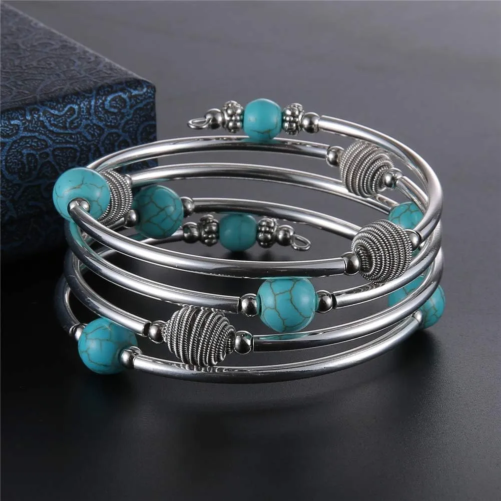 PEARL&CLUB Beaded Chakra Bangle Turquoise Bracelet - Fashion Jewelry Wrap Bracelet with Thick Silver Metal and Mala Beads, Birthday Gifts For Women