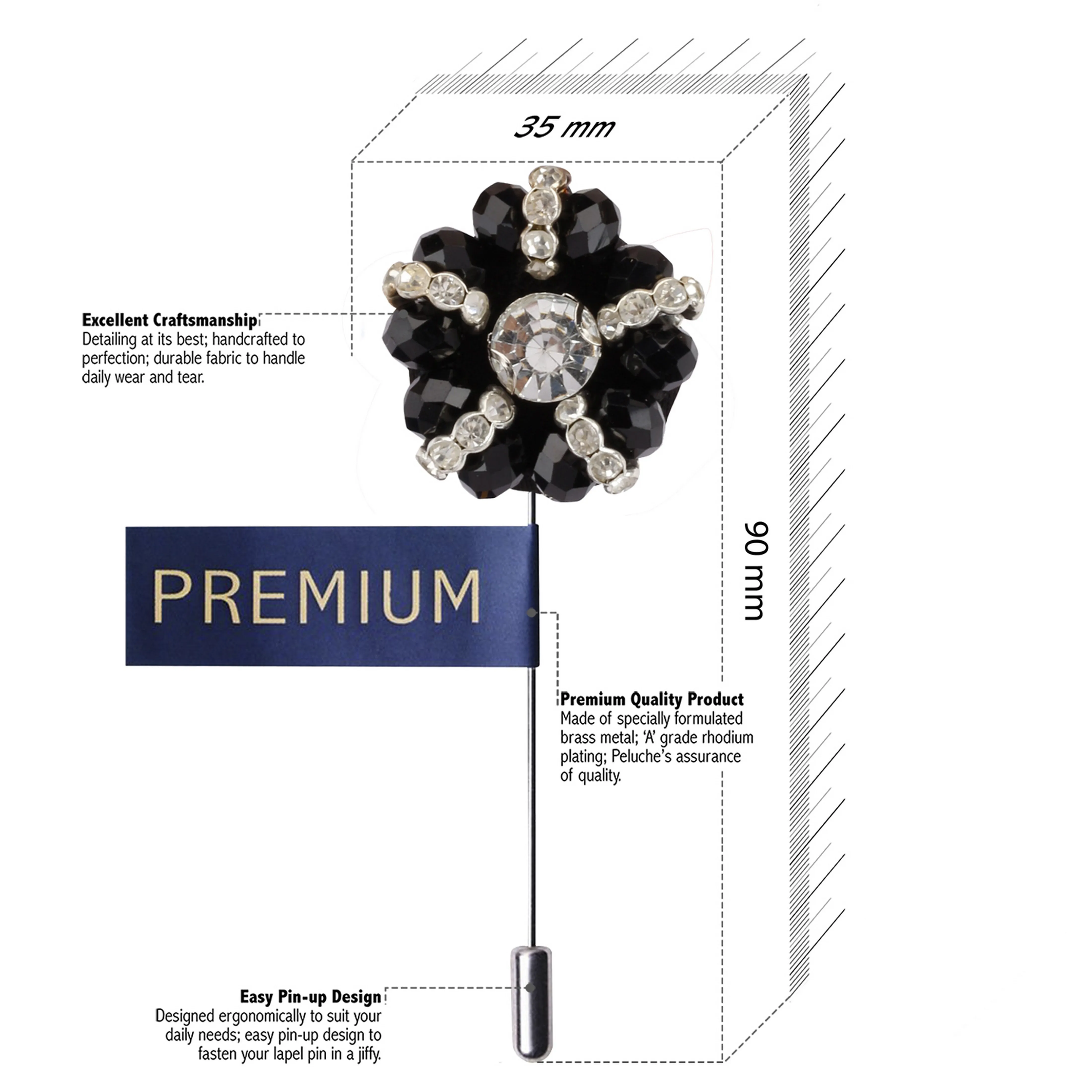 Peluche Jeweled Flower Black & Silver Colored Brooch / Lapel Pin for Men