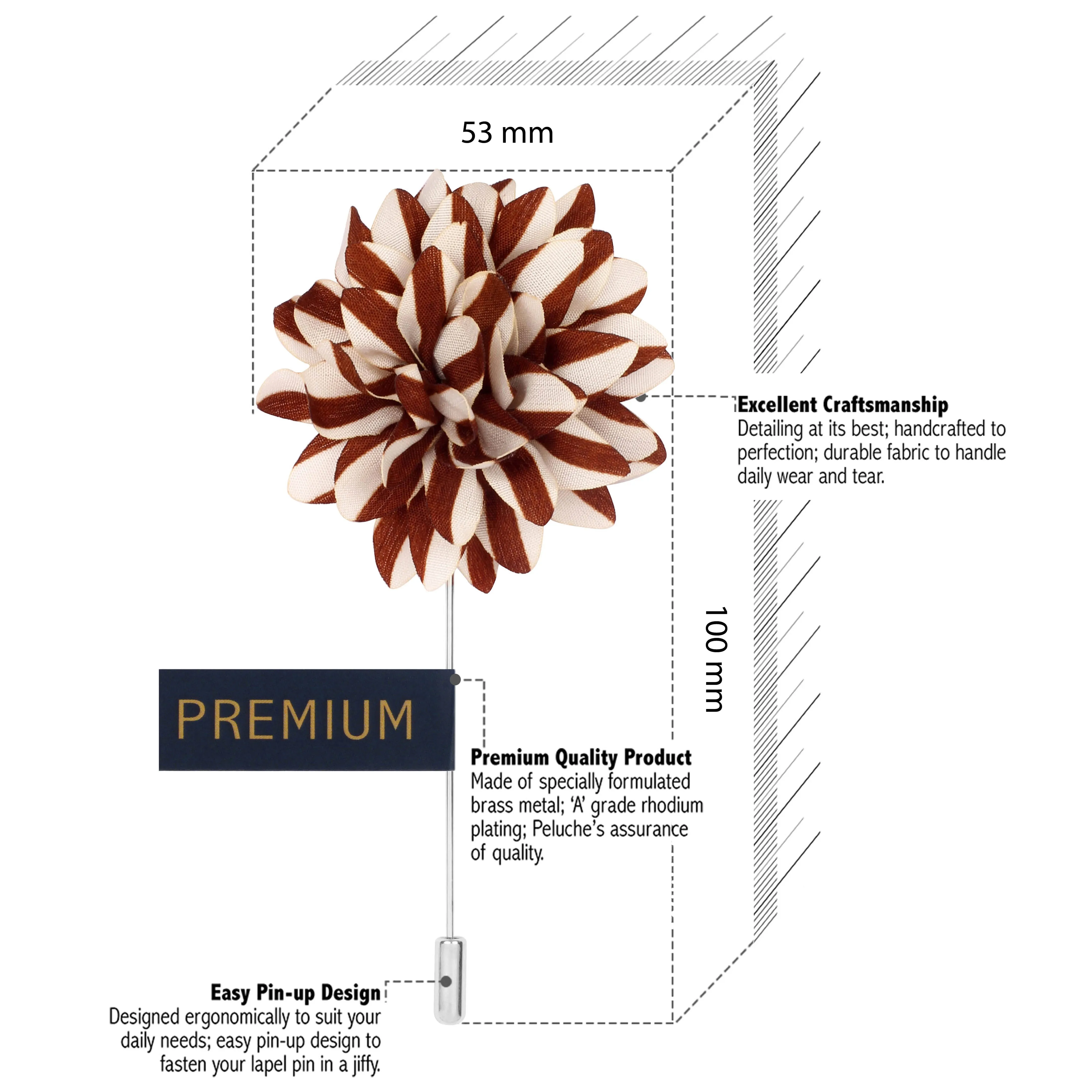 Peluche Striped Petals Brown, White Brooch Lapel Pin