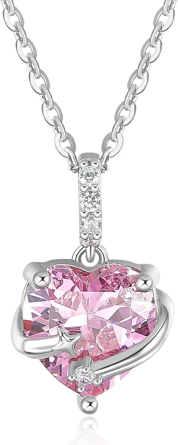 Pendant Necklace,925 Sterling Silver,Platinum Plated,Pink Heart Shape,18 inches