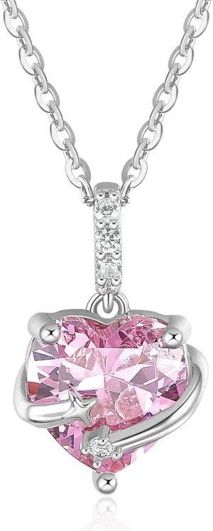 Pendant Necklace,925 Sterling Silver,Platinum Plated,Pink Heart Shape,18 inches