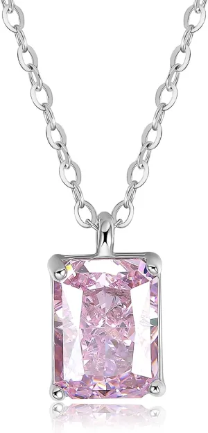 Pendant Necklace,925 Sterling Silver,Platinum Plated,Pink Rectangular Shape,18 inches