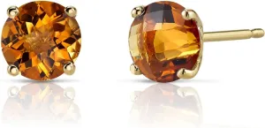 Peora 14K Yellow Gold Genuine Citrine Stud Earrings for Women, 1.50 Carats Round Shape, Friction Back, November Birthstone Earrings Gift, Yellow Citrine Gold Stud Earrings