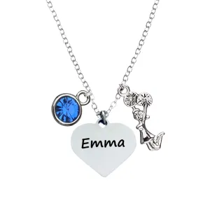 Personalized Cheerleading Necklace with Heart Name Pendant, Cheerleader Charm, and Birthstone, Custom Cheer Jewelry Gift for Girls, Teens, and Cheerleaders