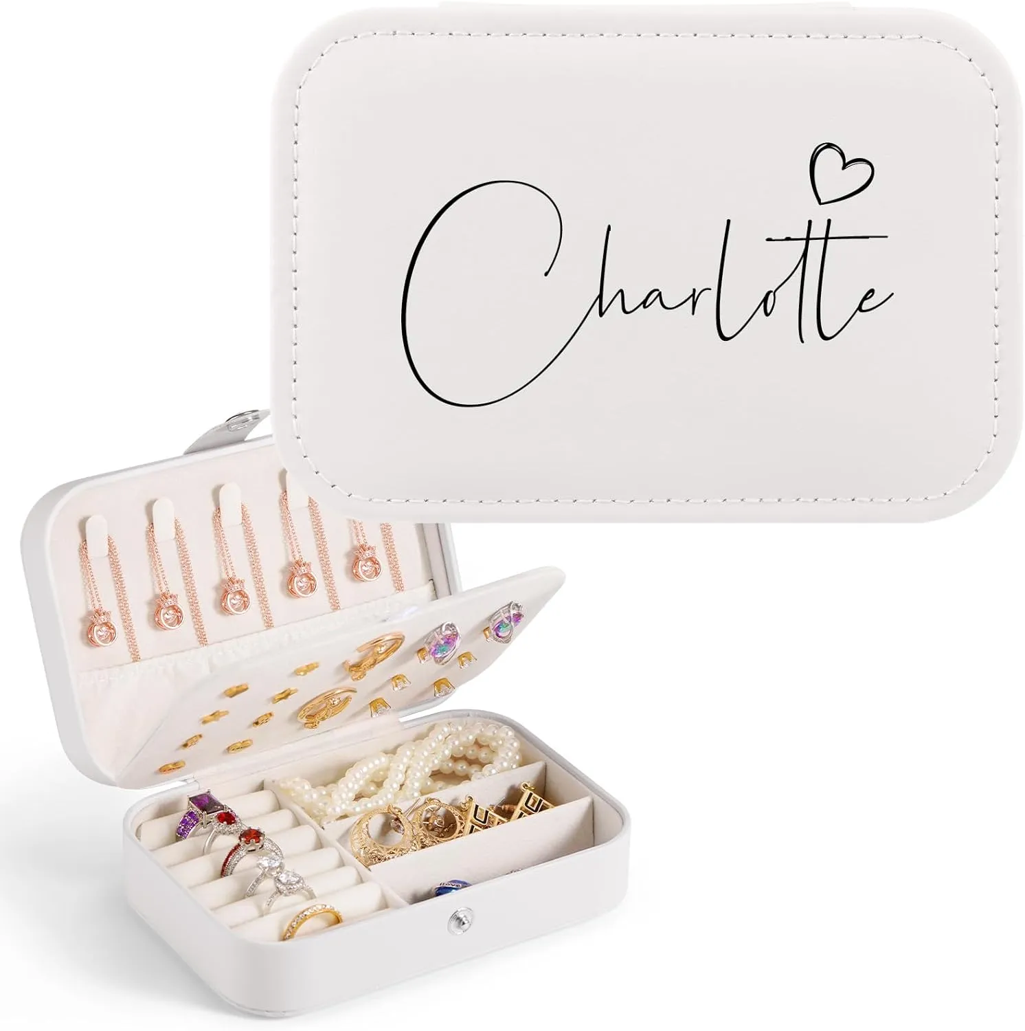 Personalized Jewelry Box for Women, Custom Travel Jewelry Case with Heart and Name, Leather Jewelry Organizer Box for Rings, Earrings, Necklaces, Personalized Gifts for Women Girls
