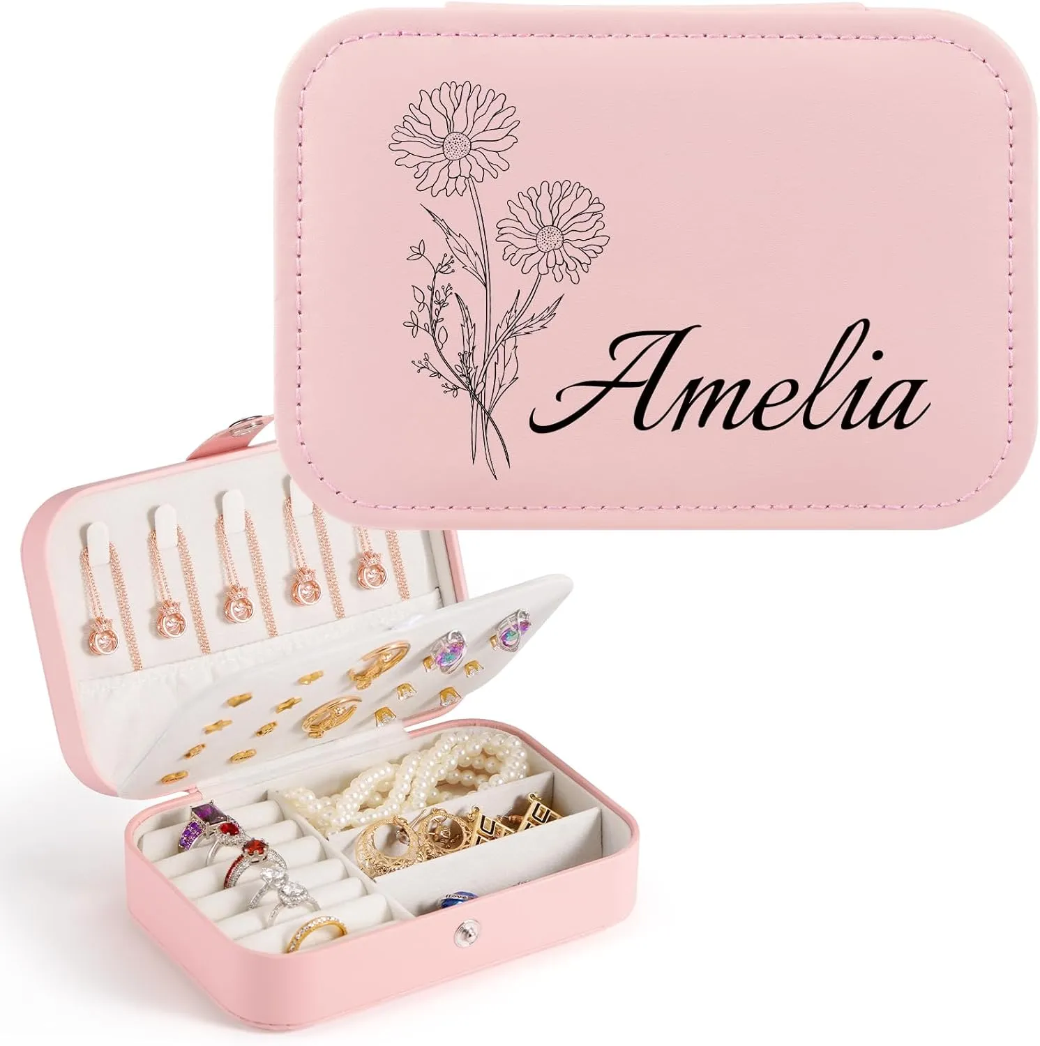Personalized Jewelry Box for Women, Custom Travel Jewelry Case with Name and Birth Flower, Personalized Jewelry Organizer Bridesmaid Proposal Gifts for Women Girls