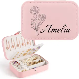 Personalized Jewelry Box for Women, Custom Travel Jewelry Case with Name and Birth Flower, Personalized Jewelry Organizer Bridesmaid Proposal Gifts for Women Girls