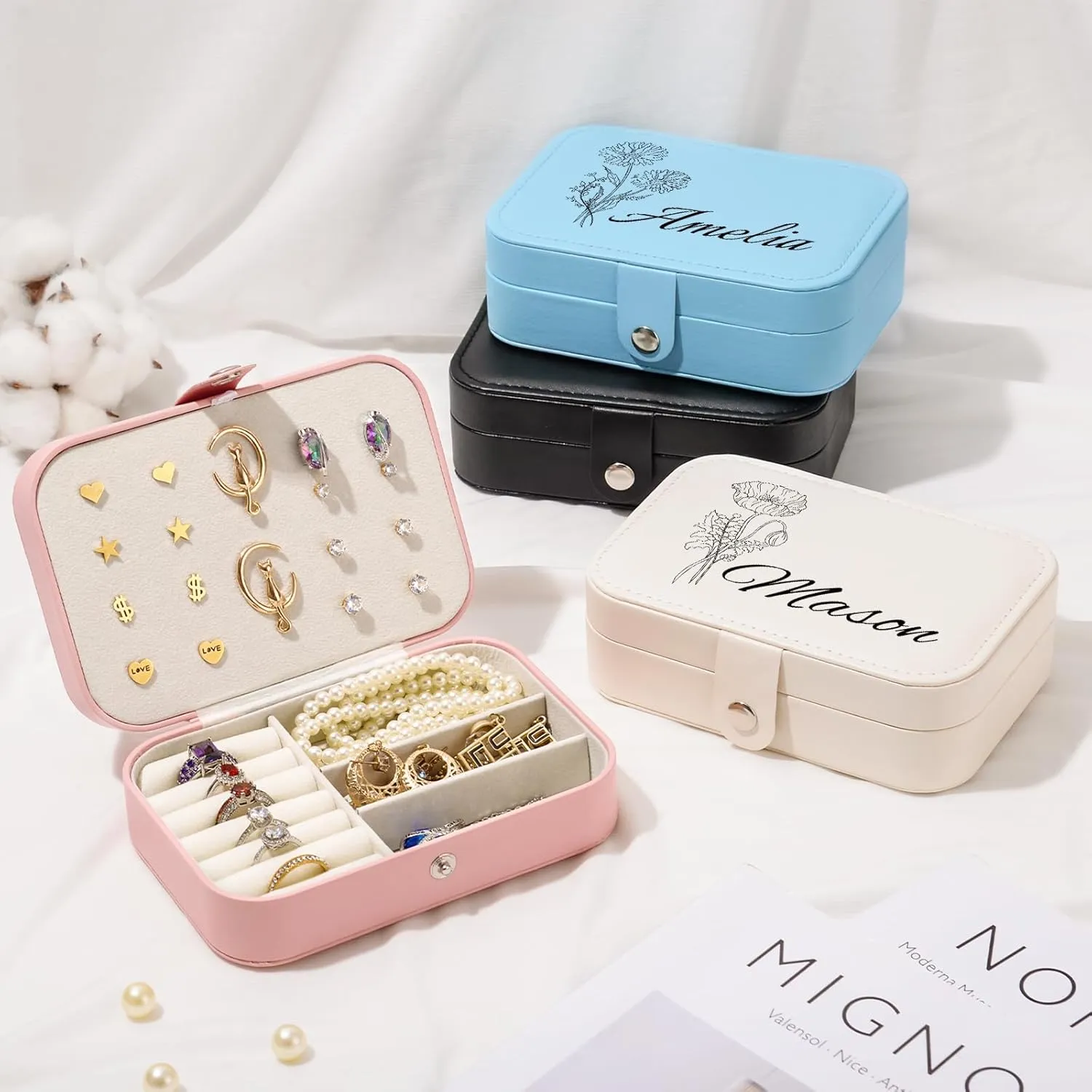Personalized Jewelry Box for Women, Custom Travel Jewelry Case with Name and Birth Flower, Personalized Jewelry Organizer Bridesmaid Proposal Gifts for Women Girls
