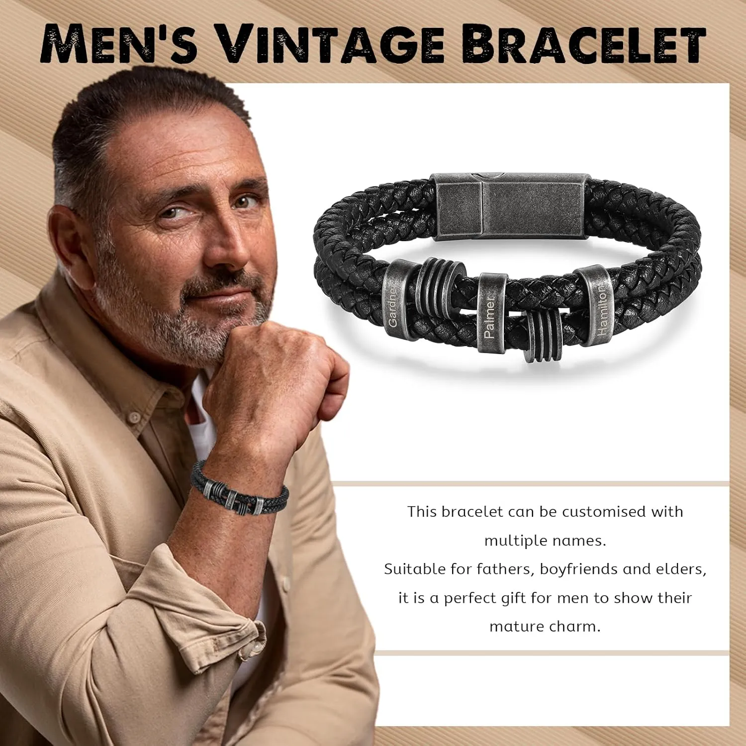 Personalized Mens Bracelets with 2-5 Names Custom Name Bracelet for Dad Grandpa Husband Fathers Day Anniversary Birthday Gifts for Him