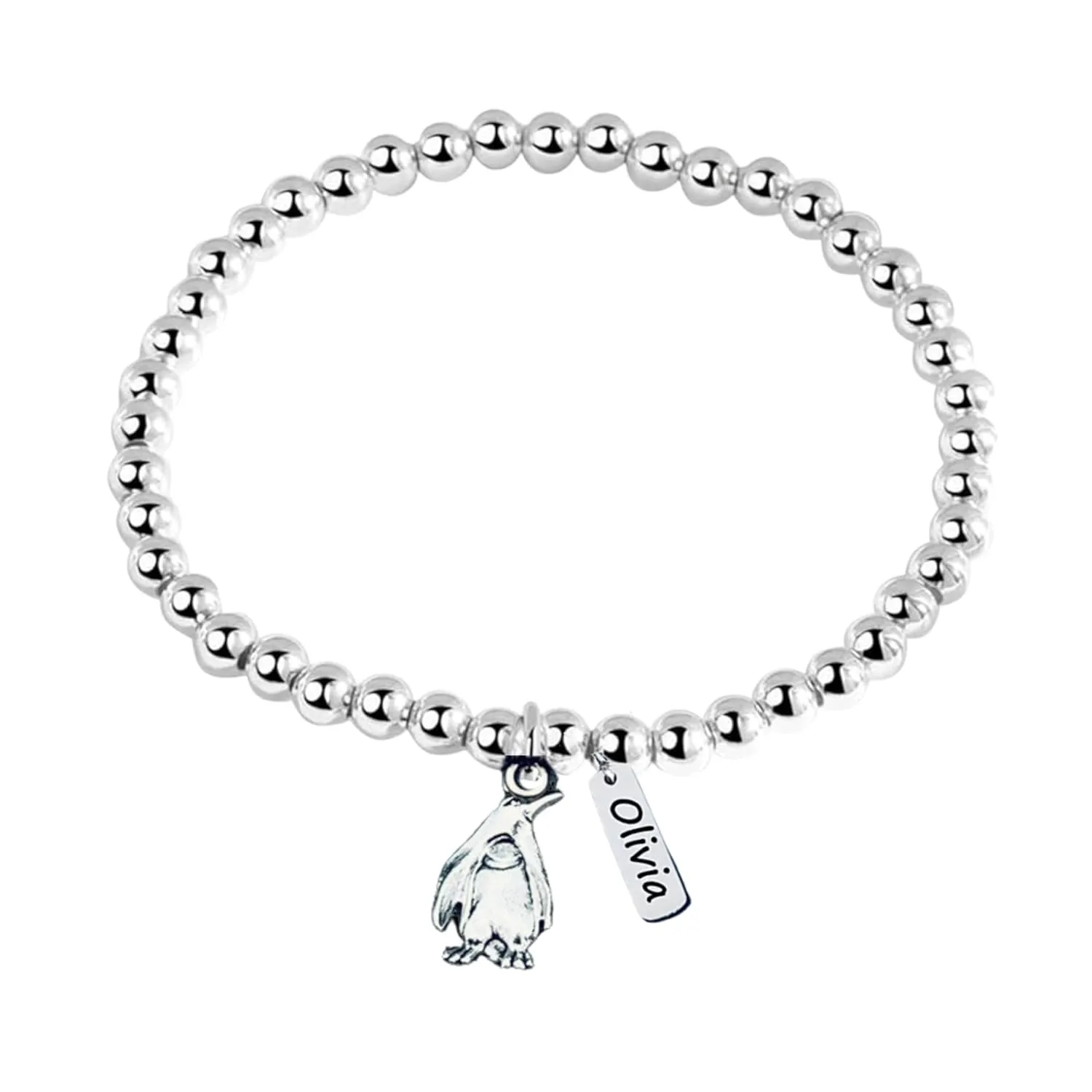 Personalized Penguin Beaded Adjustable Bracelet with Engraved Tag Charm, Penguin Gift, Penguin Jewelry, Custom Penguin Lover Accessories for Girls
