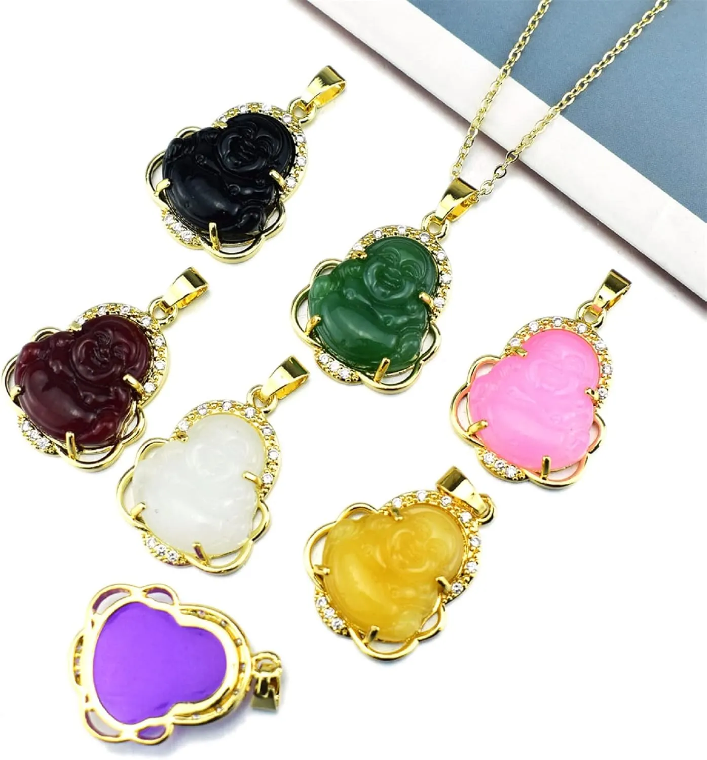 Pingyongchang 5PSC Laughing Buddha Pendant Necklace Buddha Pendant bracelet Necklace Set Sparkling cubic zirconia Buddha pendant necklace
