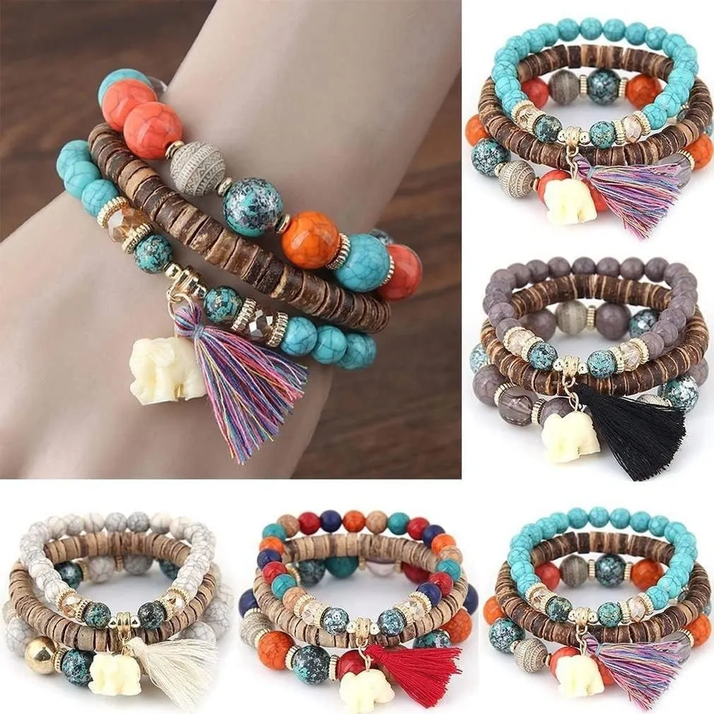 Pingyongchang Elephant Bead Stretch Bracelet Boho Multilayer Adjustable Wooden Bead Tassel Womens Strand Bracelet Bangle Charm Jewelry Set Best Friend Gift