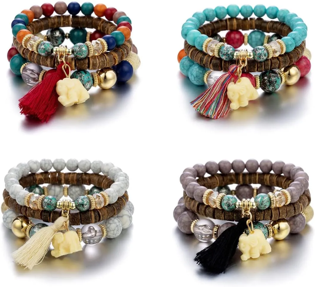 Pingyongchang Elephant Bead Stretch Bracelet Boho Multilayer Adjustable Wooden Bead Tassel Womens Strand Bracelet Bangle Charm Jewelry Set Best Friend Gift