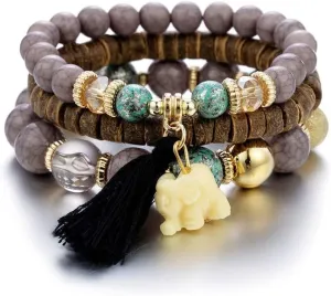 Pingyongchang Elephant Bead Stretch Bracelet Boho Multilayer Adjustable Wooden Bead Tassel Womens Strand Bracelet Bangle Charm Jewelry Set Best Friend Gift