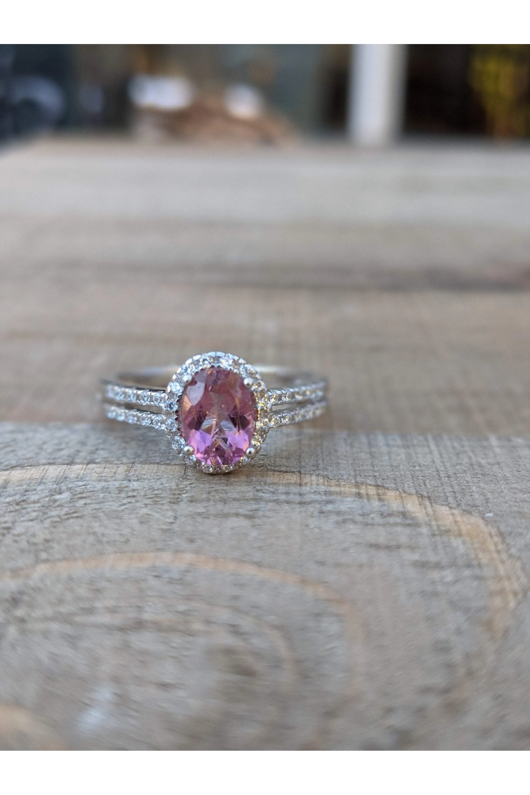 Pink Tourmaline Dainty Ring, CZ Side Stones