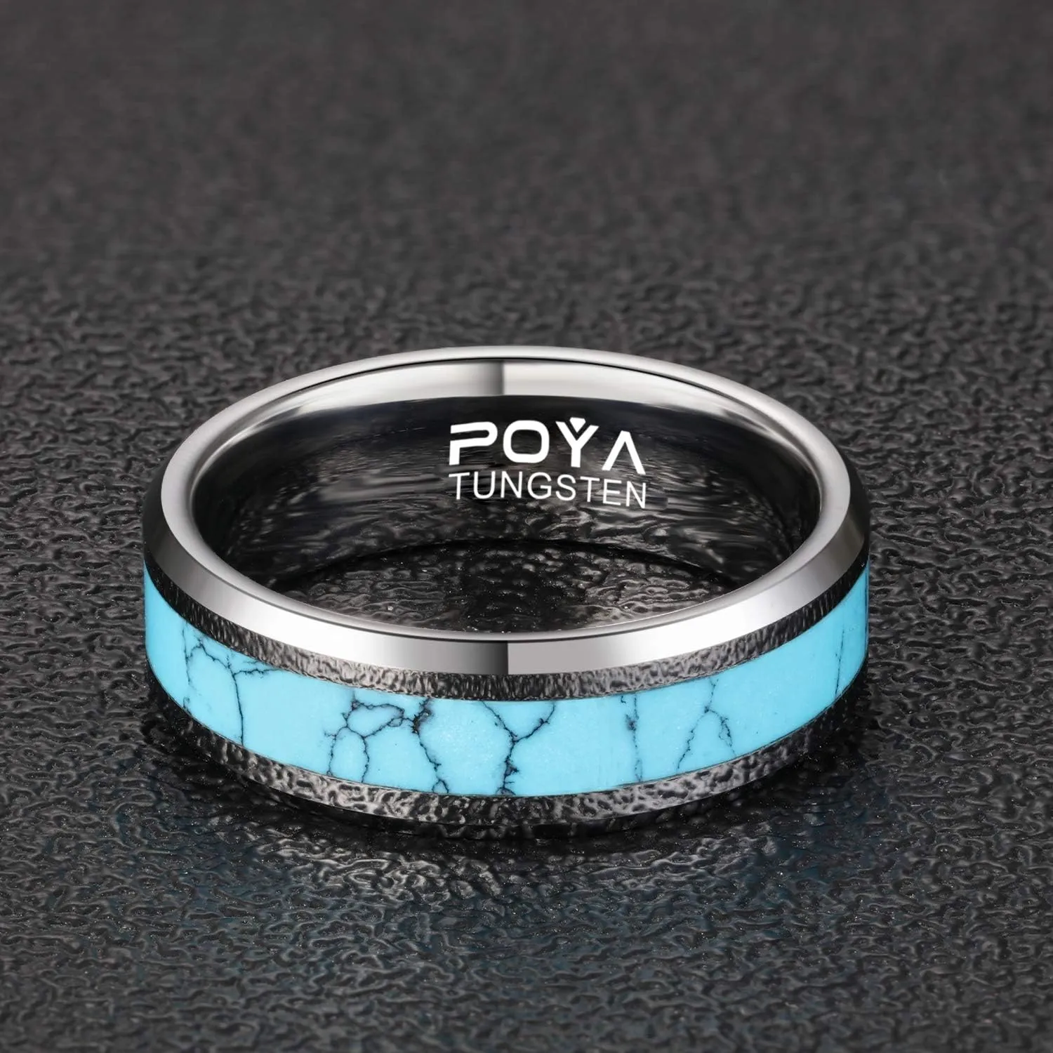POYA 8mm Tungsten Wedding Band Turquoise Rings for Men Beveled Edges Comfort Fit