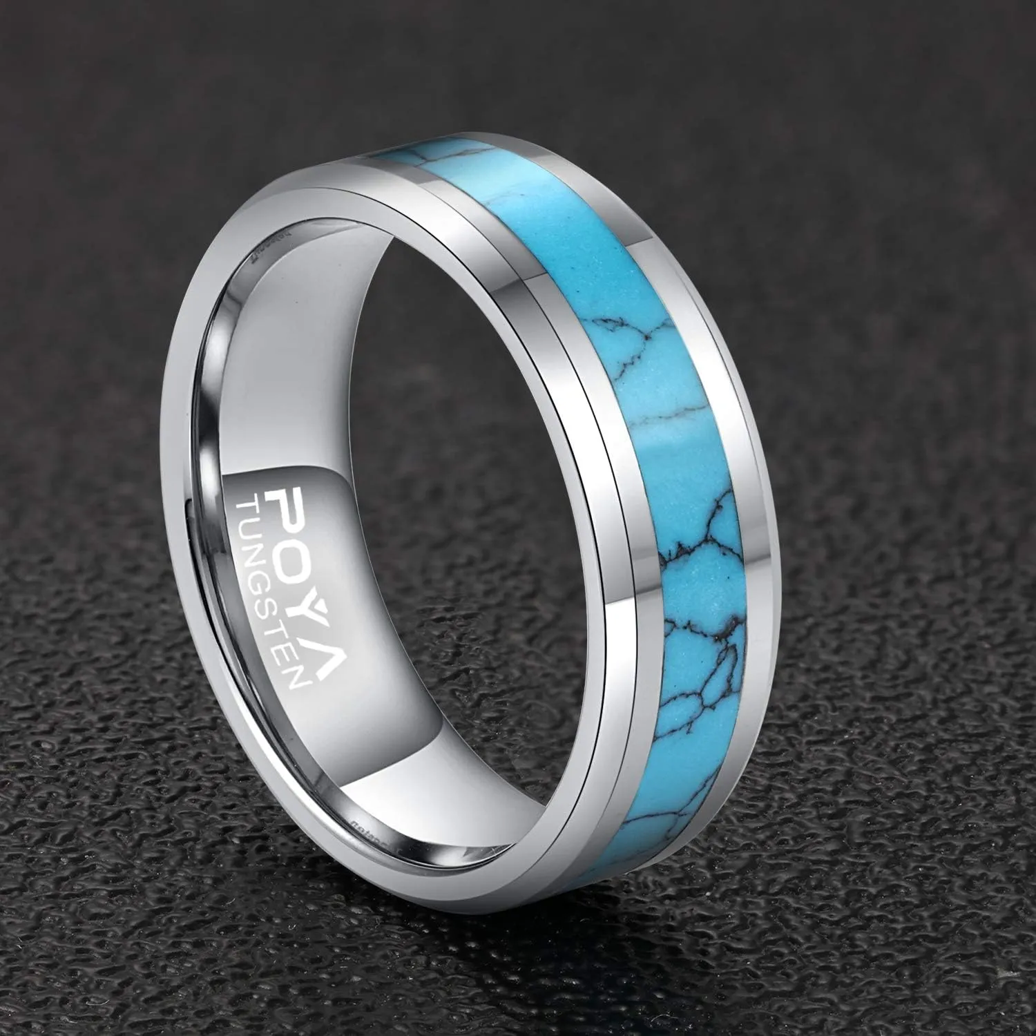 POYA 8mm Tungsten Wedding Band Turquoise Rings for Men Beveled Edges Comfort Fit