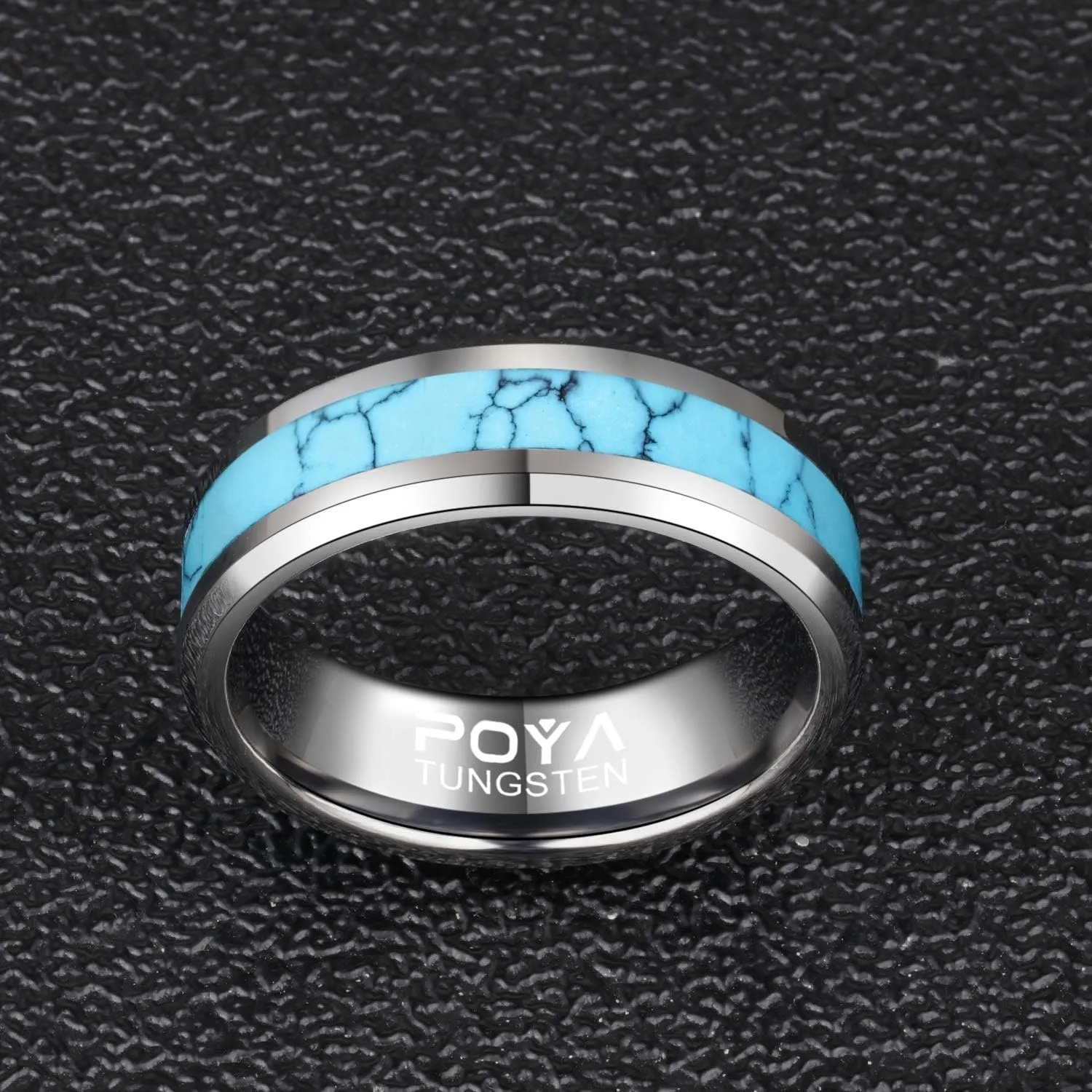 POYA 8mm Tungsten Wedding Band Turquoise Rings for Men Beveled Edges Comfort Fit