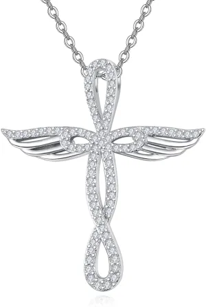 PRAYMOS Cross Necklace for Women 925 Sterling Silver Women's Cross Necklace Angel WingCross Pendant Christian Religious Confirmation Jewelry Gifts for Women