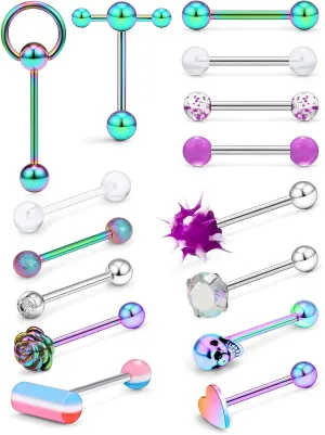 Prjndjw 14G Surgical Steel Tongue Rings for Women Men Teaser Double Barbell with Slave Ring Skull/Flower/Silicone Soft Spike Ball/CZ/Door Knocker/Pill Tongue Ring Piercing Jewelry 5/8inch Black
