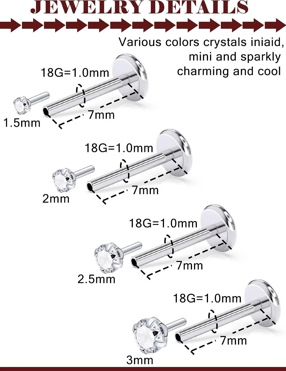 Prjndjw 16G 18G 20G Flat Back Nose Rings Studs Earrings Surgical Steel Threadless Nose Studs Straight Cartilage Earrings for Women Men Diamond CZ 1.5mm 2mm 2.5mm 3mm Silver Labret Jewelry lip Rings