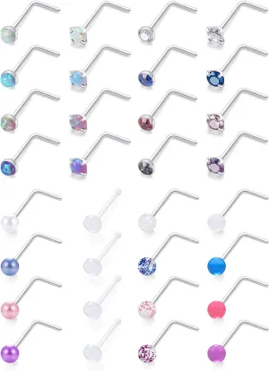 Prjndjw 20G Nose Rings Nose Studs for Women Men Opal Clear CZ Glow in the Dark Pearl Nose Ring Body Piercing Jewelry Straight Bar Curved Bar L Shaped Nose Rings