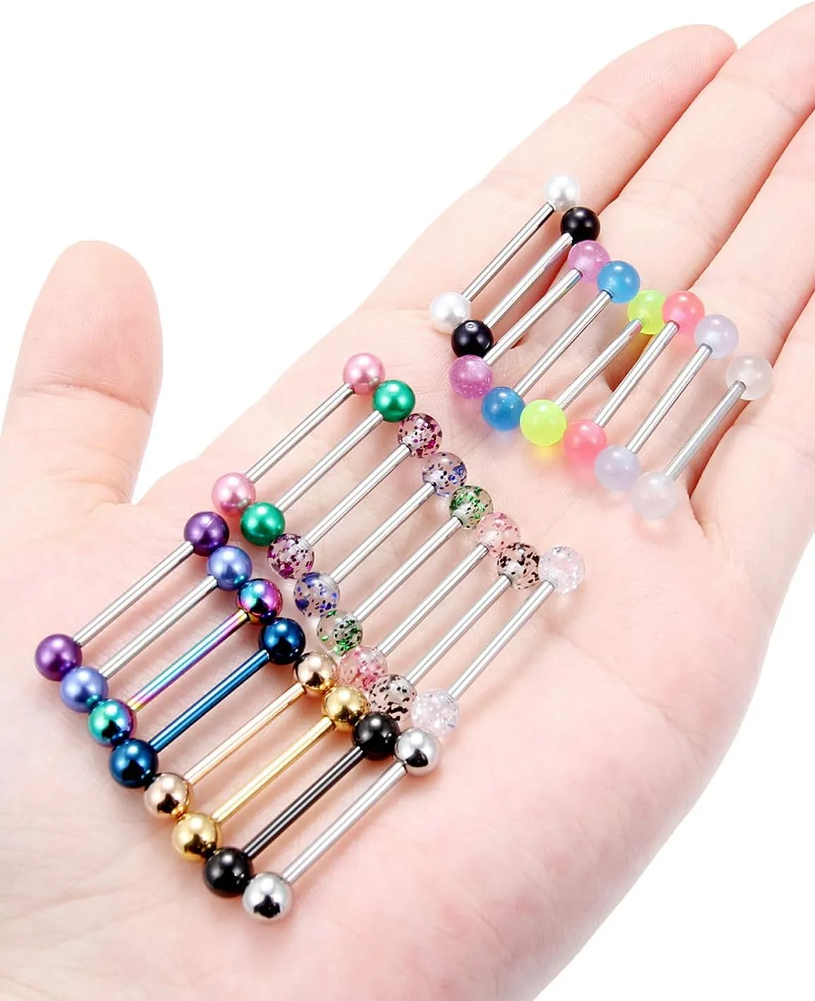 Prjndjw 24-48Pcs Nipple Rings Tongue Rings Surgical Steel Straight 14G Barbells Piercing Jewelry 12MM 14MM 16MM 19MM 22MM for Women Men Glow in The Dark Tongue nipple ring