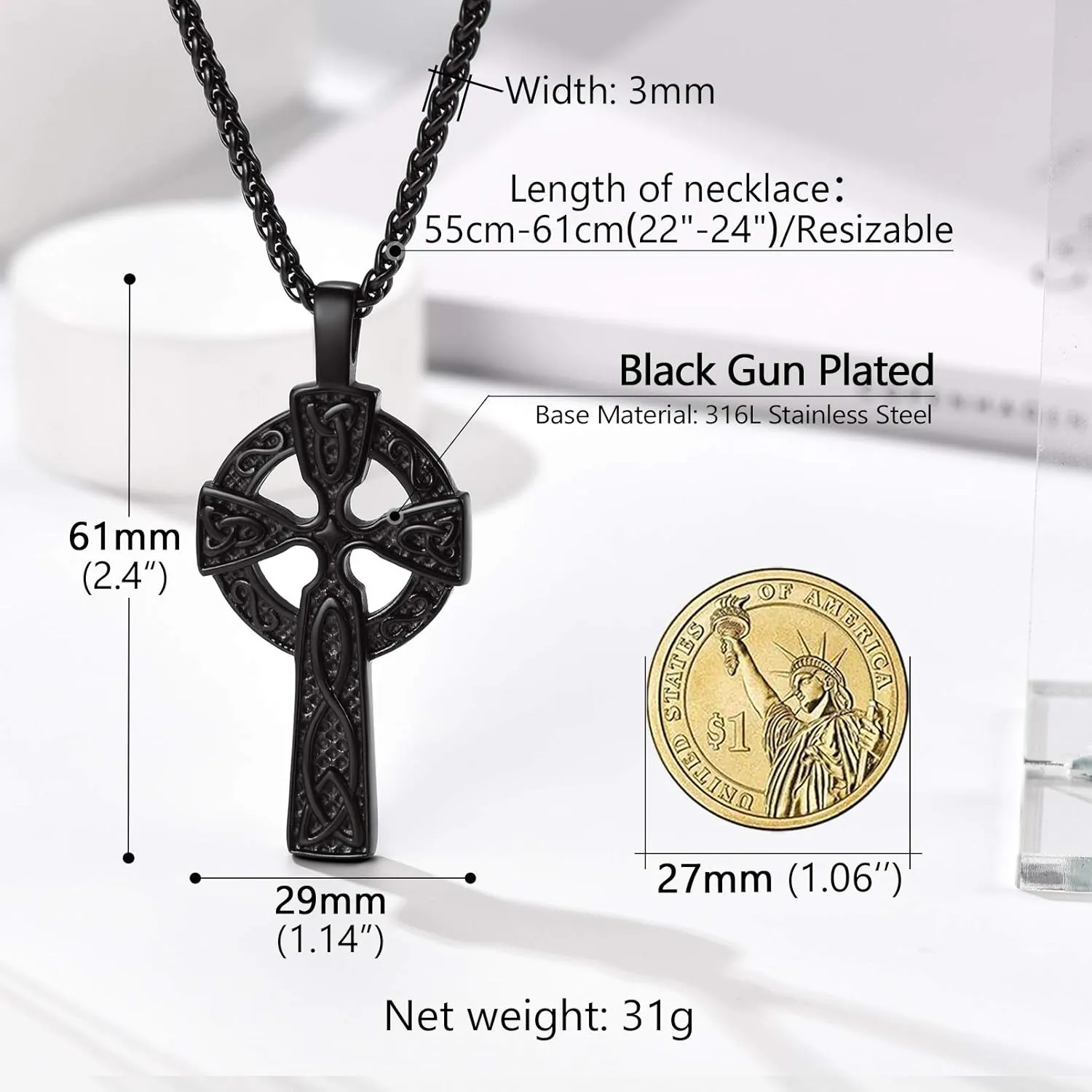 PROSTEEL 316L Stainless Steel Celtic Knot Triquetra Necklace, Irish Christian Cross Pendant Necklace for Men Women, Protection Amulet Jewelry, 22"-24" Adjustable, Come with Box