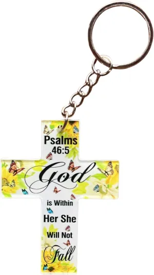 Psalms 46 5 God is Within Her She Will Not Fall Christian Acrylic Keychain Gifts Bible Verse Cross Keychain for All Ages Faith Inspirational Size 2.5 Inches x 2 Inches