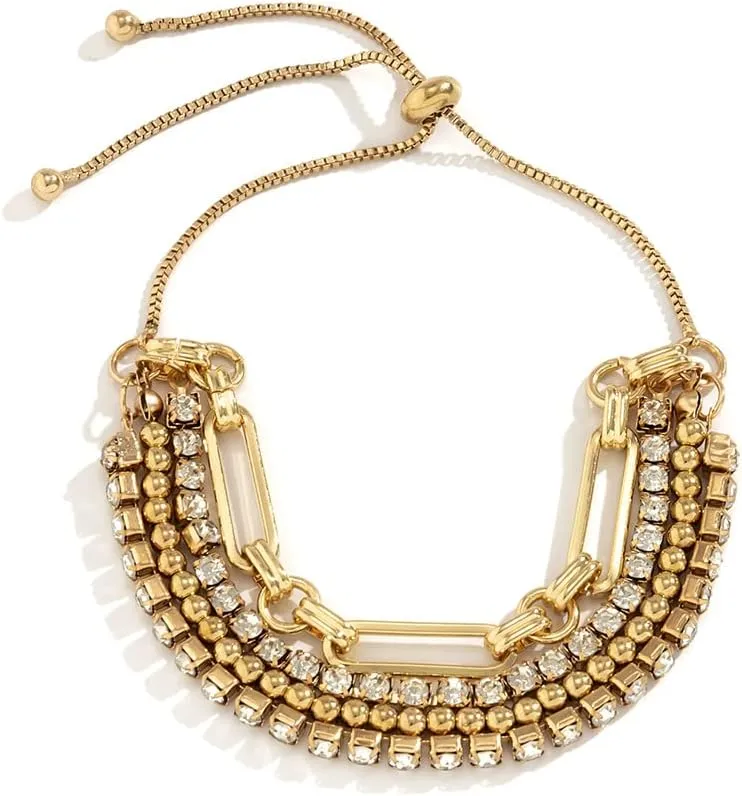 Punk Adjustable Link Chain Bracelet Hip hop Layering Bracelet Sparkling Rhinestone Chain Bracelet for Women and Girls (Gold)