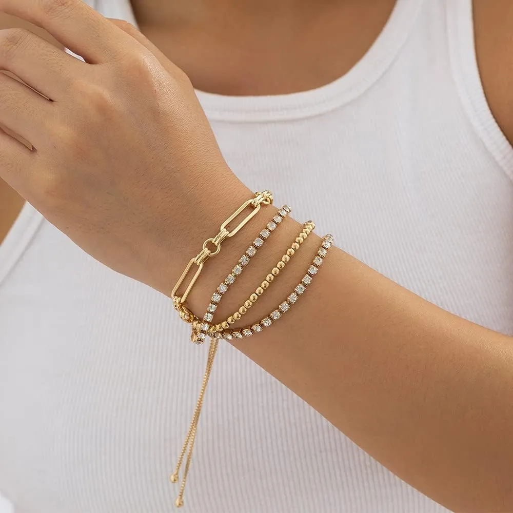 Punk Adjustable Link Chain Bracelet Hip hop Layering Bracelet Sparkling Rhinestone Chain Bracelet for Women and Girls (Gold)