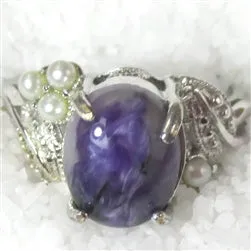 Purple Gemstone Charoite and Pearl Woman's Ring Size 7