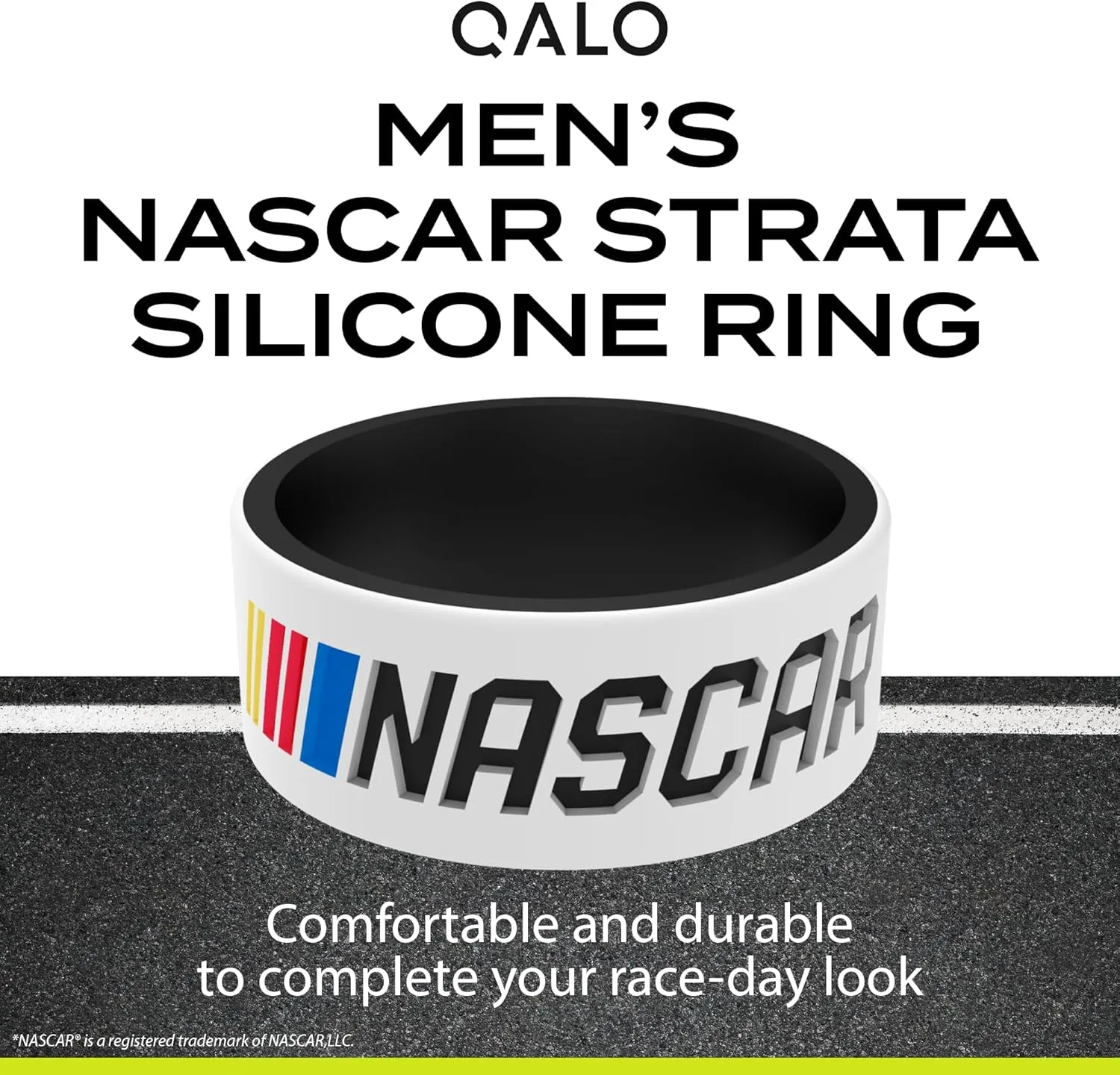 QALO Silicone Strata Ring for Men, NASCAR - Mens Race Day Bands - Premium Fashion Jewelry is Durable & Breathable Silicone Rings for Him