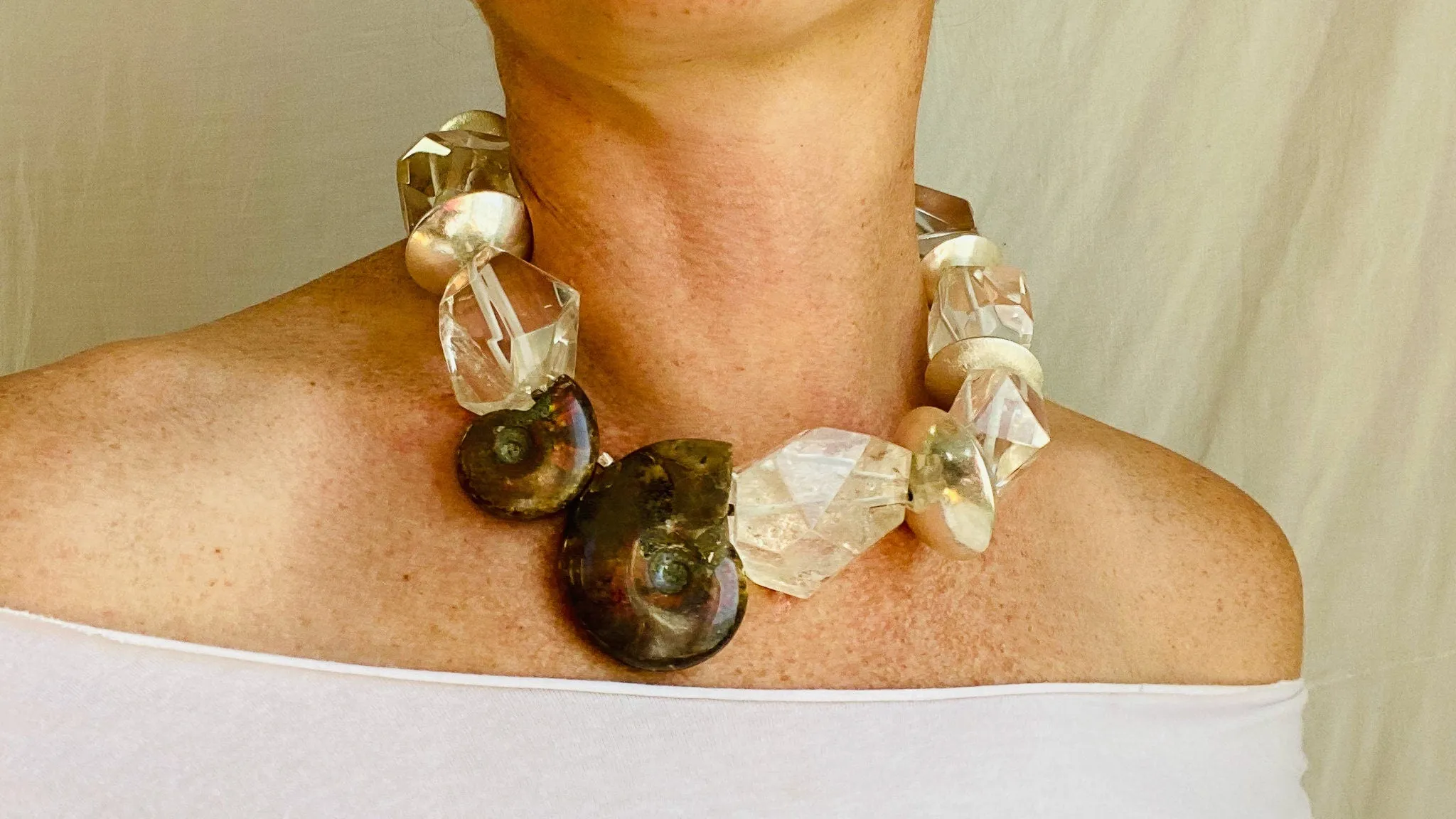 Quartz, Ammolite and Silver Necklace. Sterling Silver.