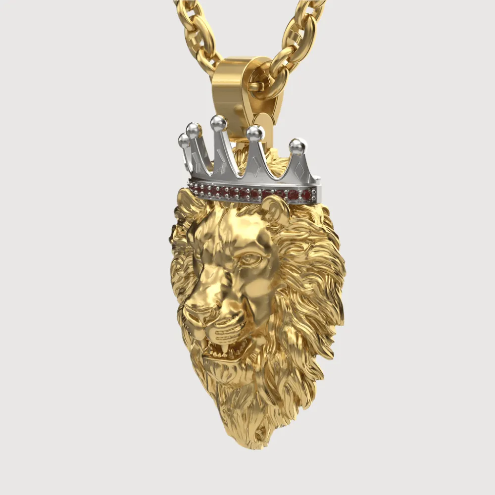 Regal Lion Pendant with Crown - 14k Gold