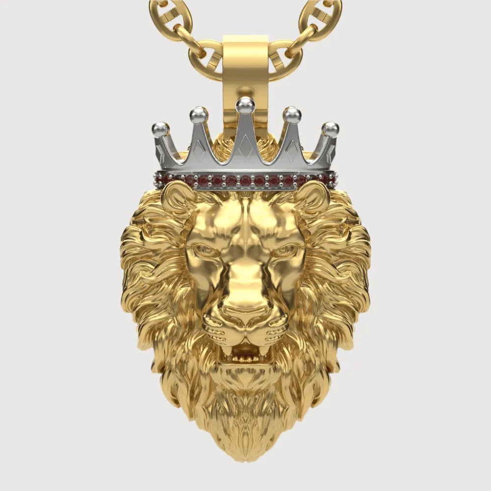 Regal Lion Pendant with Crown - 14k Gold