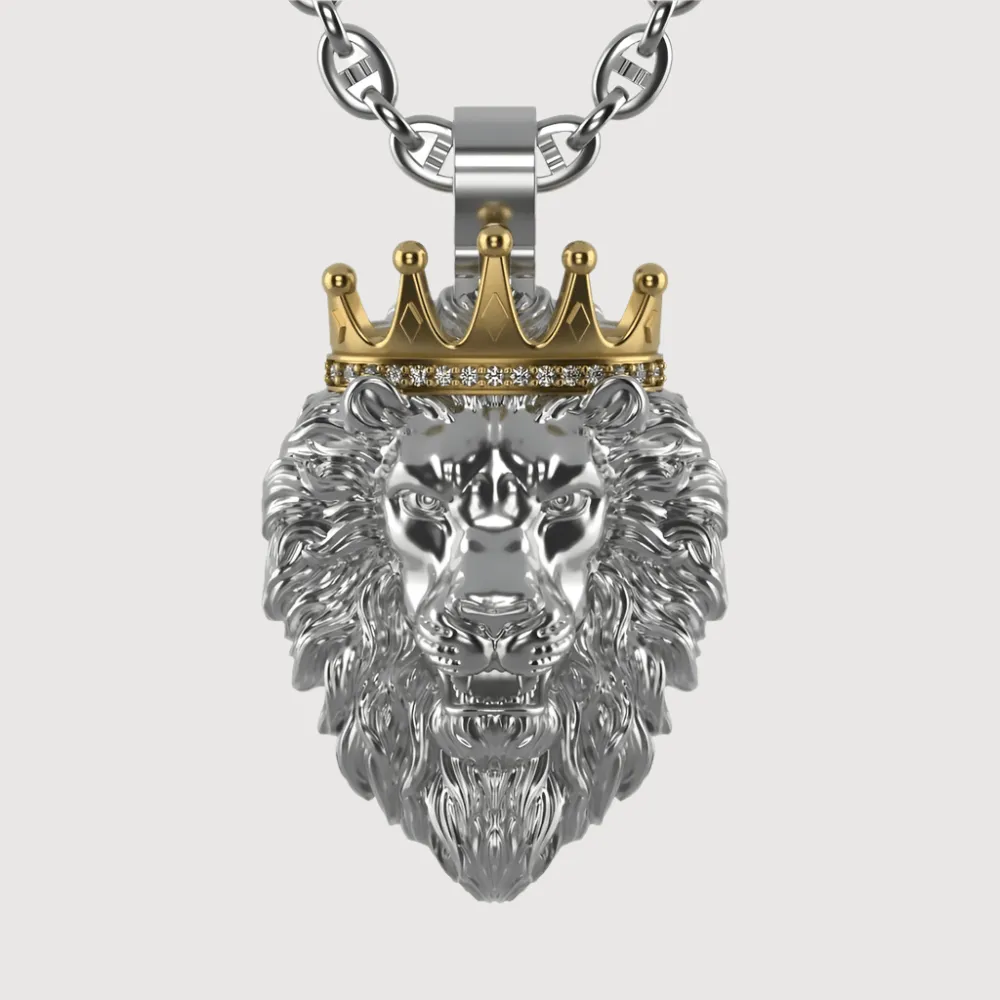 Regal Lion Pendant with Crown - 14k Gold