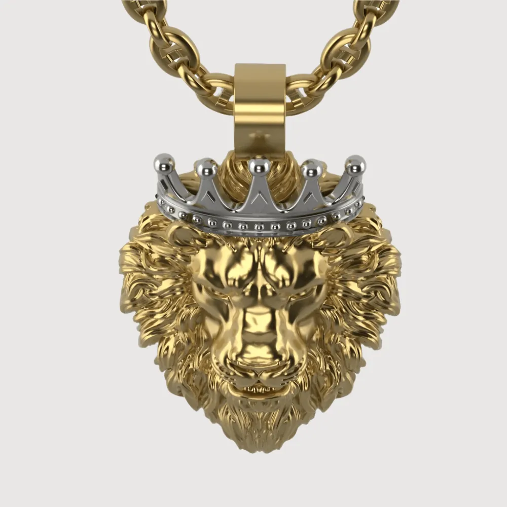 Regal Lion Pendant with Crown - 14k Gold
