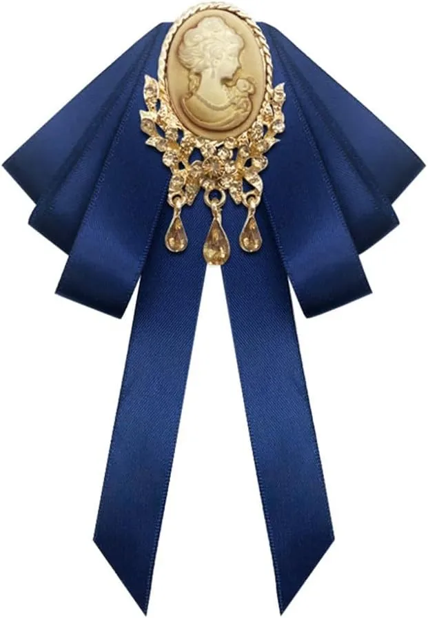 Retro Court style Crystal Ribbon Bow Tie Brooch Pins for Women Girls Victorian Cameo Bow Brooch Pre-Tied Bowknot Corsage Collar accessory