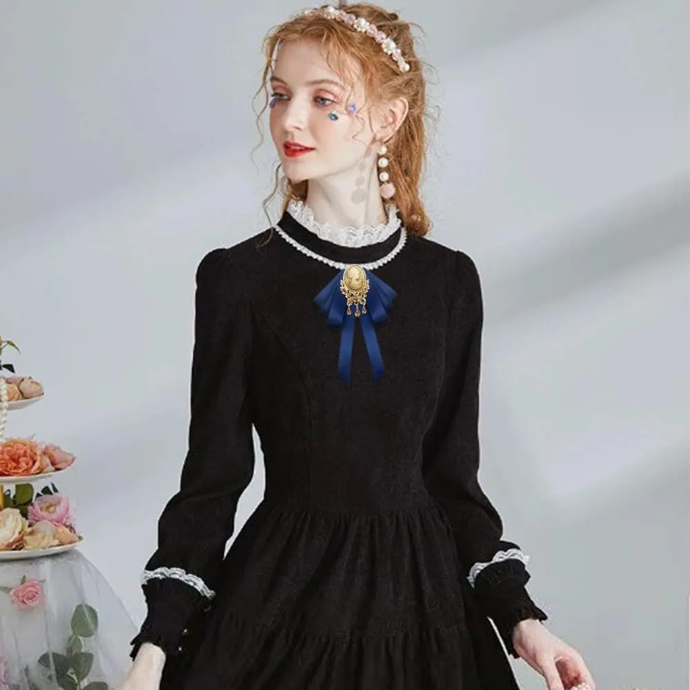 Retro Court style Crystal Ribbon Bow Tie Brooch Pins for Women Girls Victorian Cameo Bow Brooch Pre-Tied Bowknot Corsage Collar accessory