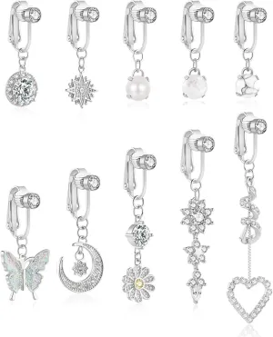 REVOLIA 10Pcs Fake Belly Button Rings for Women Dangle Navel Rings CZ Clip On Belly Rings Set Fake Belly Piercing Jewelry