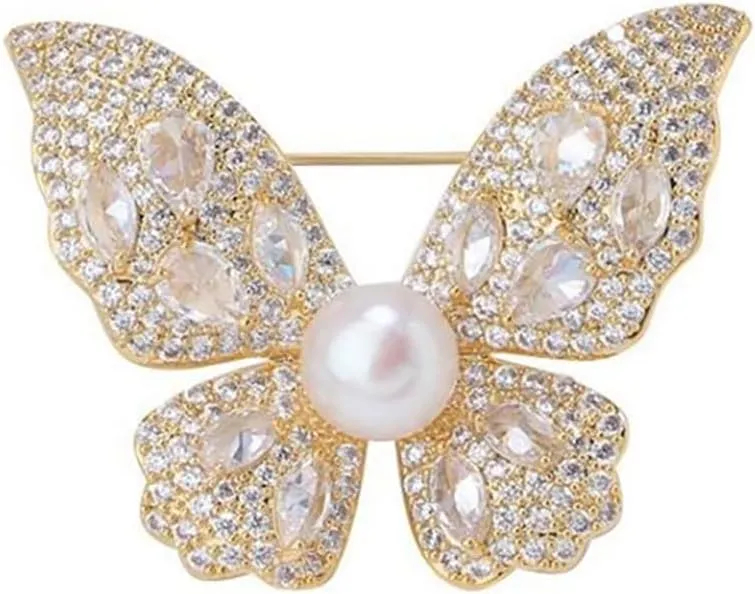 Rhinestone Butterfly Brooch Pin for Women Unisex Shell Pearl Fashion Clear Crystal Cluster Cartoon Animal Brooches Lapel Pins Badge Collar Dress Accessories Delicate Birthday Christmas Dainty Jewelry