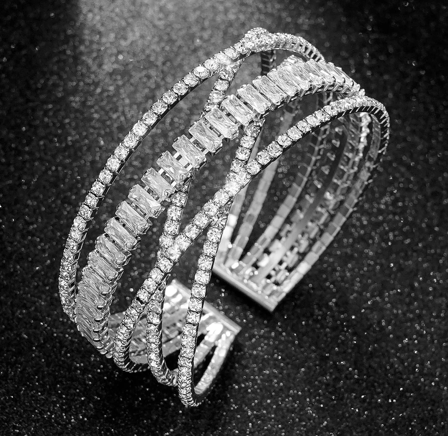 Rhinestone Cuff Bracelet for Women 2Pieces Multilayer Rhinestone Bracelet Sparkling Crystal Bridal Bracelet for Party Prom Wedding